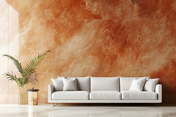 White sofa against terra cotta marble stone paneling wall with copy space. Minimalist home interior design of modern living room. - obrazy, fototapety, plakaty