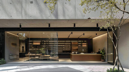 A luxury stationery store with a minimalist, concrete facade and a bold, typographic sign 