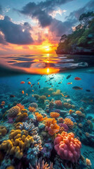 Split view of a vibrant coral reef underwater and a breathtaking sunset sky above the ocean.