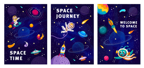 Cartoon space posters. Cosmos adventure, universe research or space discovery vector leaflets or banners. Galaxy exploration posters or flyers with kid and alien astronaut in spacesuit, rocket and UFO