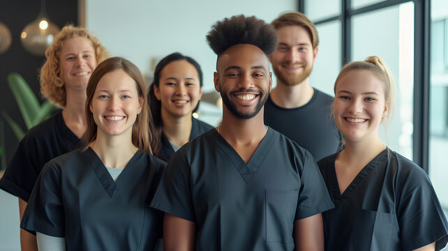 Diverse Team of Smiling Healthcare Professionals. A group portrait of a diverse and cheerful team of healthcare workers in scrubs, representing unity in medical staff.
