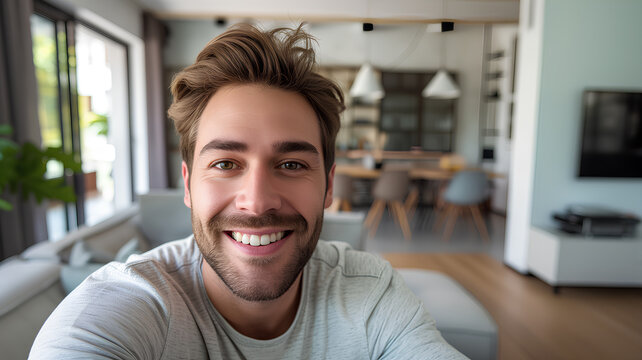 Smiling Man Taking a Selfie in Modern Home. A cheerful young man with a bright smile takes a selfie in a well-lit, stylish interior of a contemporary home.
