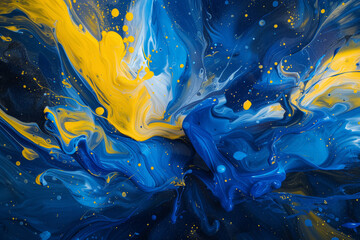 Abstract background of acrylic paint in blue and yellow colors.
