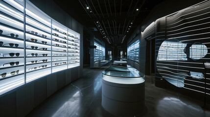 An exclusive eyewear shop with a futuristic facade and holographic display technology 
