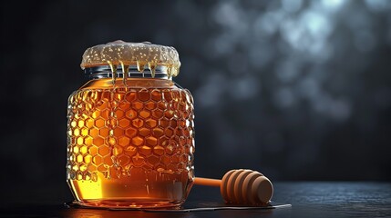 Raw honey in a jar on black table. copy space for text. - obrazy, fototapety, plakaty