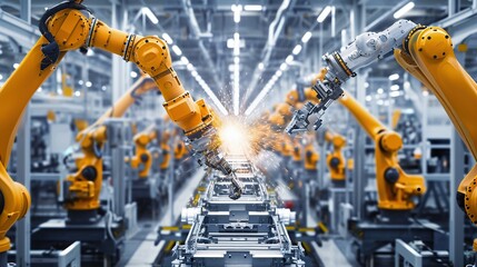 Robotic arms in a car plant. copy space for text.