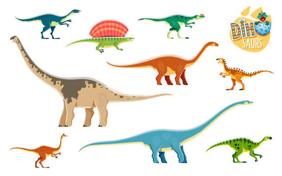 Cartoon dinosaurs, cute reptiles characters. Extinct animal, paleontology vector lizard. Dryosaurus, Edaphosaurus, Cetiosaurus and Scutellosaurus, Paralititan, Mamenchisaurus dinosaurs personages