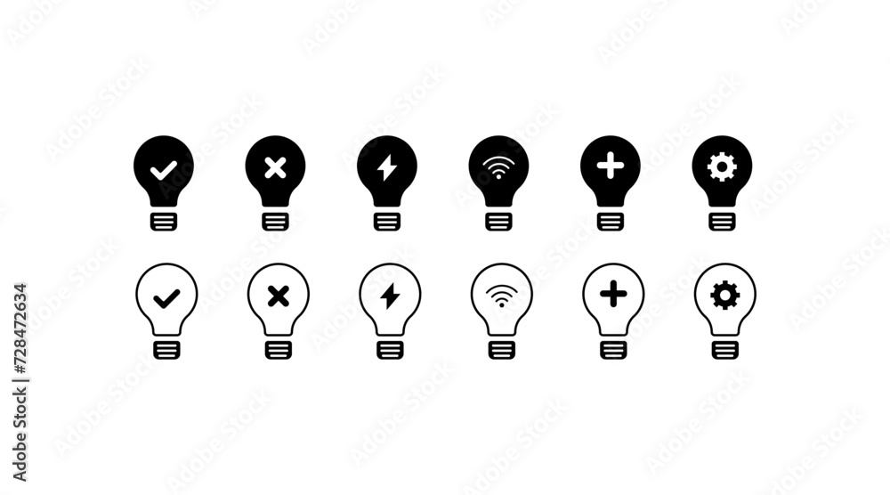 Poster light bulb with buttons icons. light bulb with a check mark, cross, lightning, wi-fi, plus, gear. si