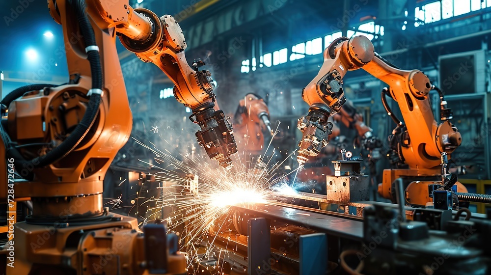 Poster sets of industrial robotic arms in fiery precision welding operations during fabrication in bright m
