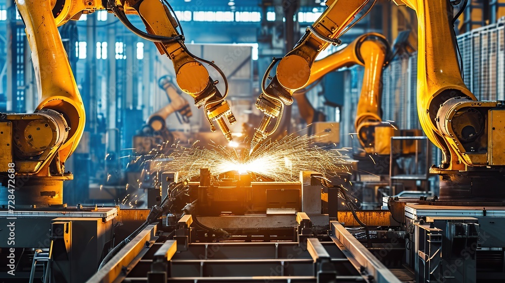 Poster sets of industrial robotic arms in fiery precision welding operations during fabrication in bright m