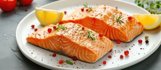 Healthy boiled salmon fillet on a white plate is recommended for a diet. - obrazy, fototapety, plakaty