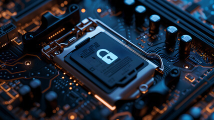 High-Tech Chip Security Lock Visualization. A conceptual image of a security lock icon integrated into a computer processor chip, emphasizing advanced data security.
