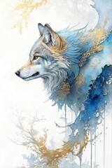 Surrealistic profile of a wolf with gold decorations, watercolor art, Good for postcards, poster, kid's room, book cover and canvas, Generative AI