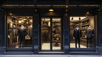 An upscale men's fashion store with a classic, tailored facade and discreet, stylish mannequins 