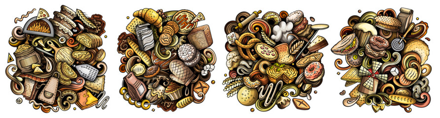 Bakery cartoon vector doodle designs set.