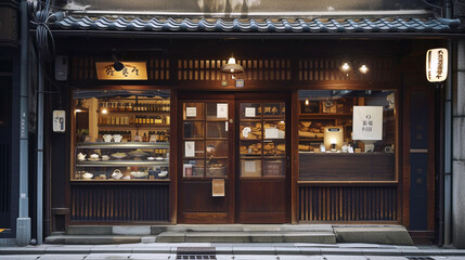 An upscale tea shop with a traditional, wooden facade and delicate, hand-painted signs 