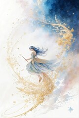 Girl woman wizard flying with a wand Beautiful light blue dress and hair Golden details Good for postcards, poster, kid's room, book cover and canvas, Generative AI