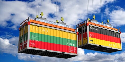 Shipping containers with flags of Lithuania and Germany - 3D illustration