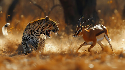 A National Geographic photo of a leopard chasing an African antelope, in the style of...