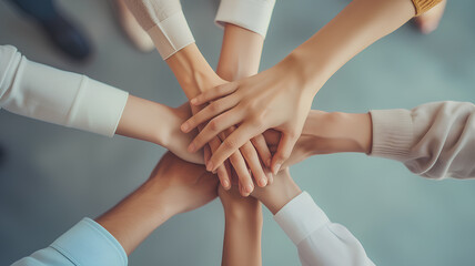 Team Unity Displayed Through Hand Stack in Office. A diverse office team showcases unity and teamwork with a collective hand stack over a meeting table.
