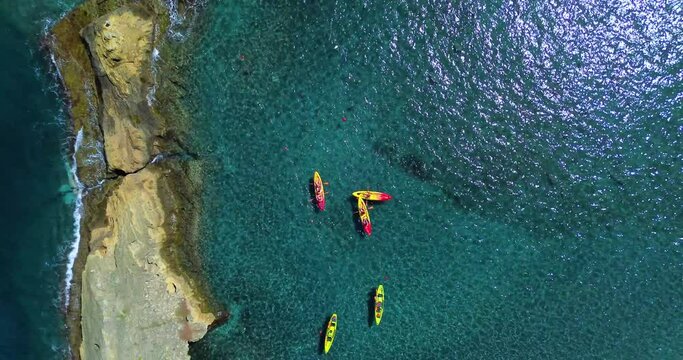 Sao Miguel island, Azores, Portugal. Azores aerial panoramic view. Top view of Islet of Vila Franca do Campo. Caldera of an old underwater volcano. Heart carved by nature. Bird eye view.
