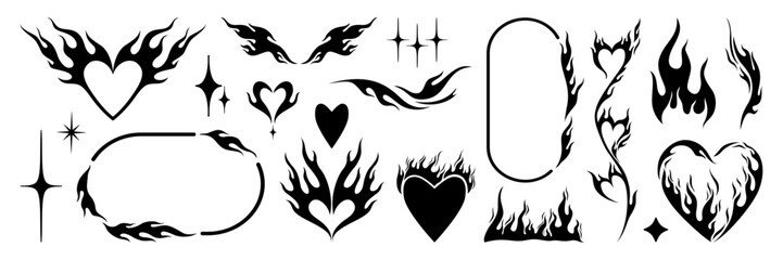 Set of y2k flame elements, star, fire and heart shape. Tattoo art hand drawn stickers. Aesthetic of 90s, 2000s. Vector isolated illustration.