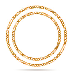 Gold chain in the shape of two circles, banner with copy space. Isolated on white background. Realistic vector.