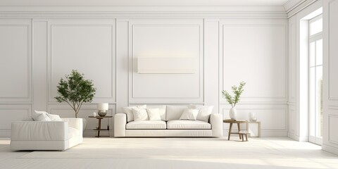 Spacious white living room with furniture and decor.