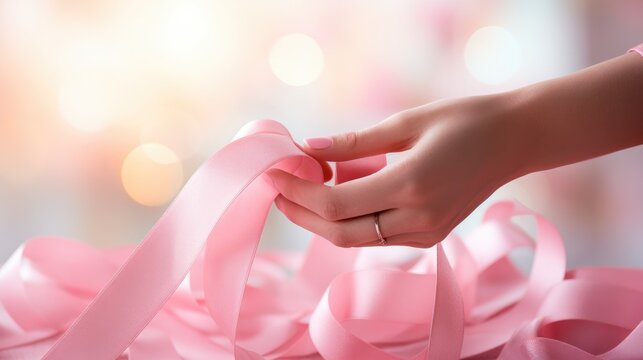 close up hand holding a pink ribbon on blurred background