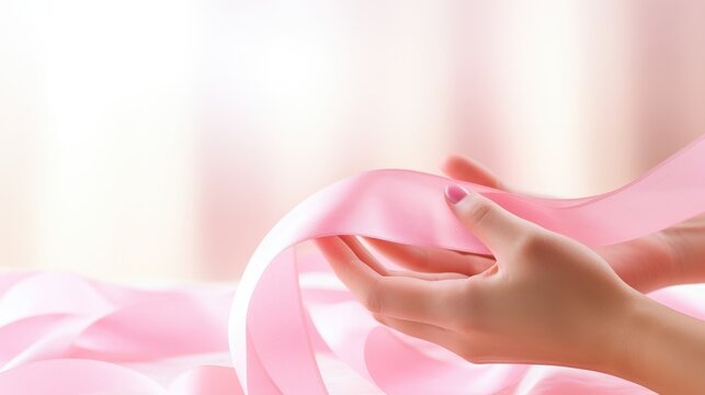 close up hand holding a pink ribbon on blurred background