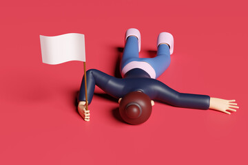 Cartoon clay female figure laying on the red floor with her face down and holding a white flag. Illustration of the concept of exhaustion and surrender - obrazy, fototapety, plakaty