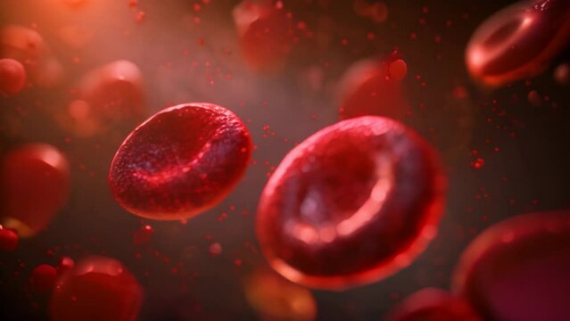 Macro blood, close-up of red blood cells molecules floating in the body. Molecular biology and medicine concept
