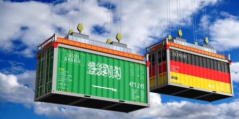Obraz premium Shipping containers with flags of Saudi Arabia and Germany - 3D illustration