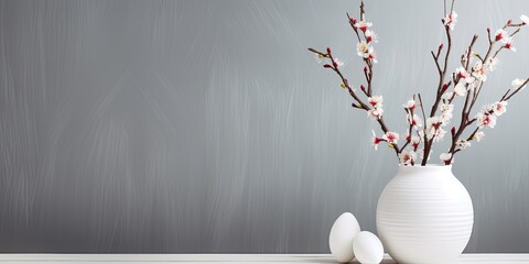 Obraz na płótnie Canvas Easter-themed background with space for text, white vase with Easter egg adorned branch