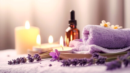 Obraz na płótnie Canvas Banner for advertising aroma and spa treatments: towels, lavender sprigs, aromatic oil and candles on a pastel background.
