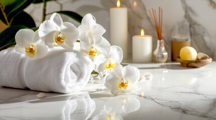 Obraz na płótnie Canvas A marble table with white towels, orchids and candles. Image for advertising aroma and SPA treatments.