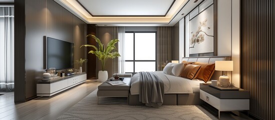 3D rendering interior design modern elegant bedroom with big bed overcoat cabinet. AI generated