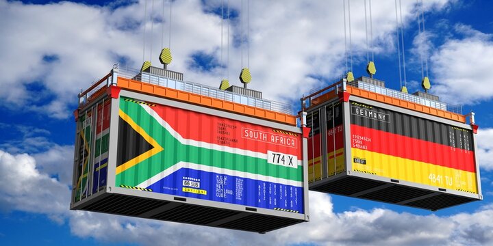 Shipping containers with flags of South Africa and Germany - 3D illustration