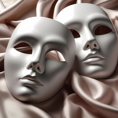 Two light theatrical actor's masks depicting different emotions lie on satin silk