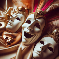 Many theatrical opera masks with different emotions lie on satin fabric