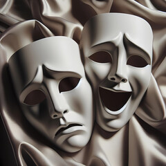 Two light theatrical actor's masks depicting different emotions lie on satin silk