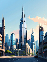 Dynamic Metropolis, Cartoon Anime Cityscape with Towering Skyscrapers and Business Center