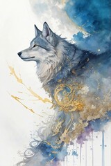 surrealistic art wolf in at white background and full moon. Good for postcards, poster, kid's room, book cover and canvas, Generative AI