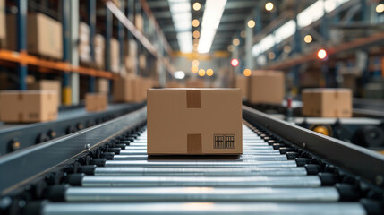 Cardboard Box on Conveyor Belt in Modern Warehouse - obrazy, fototapety, plakaty
