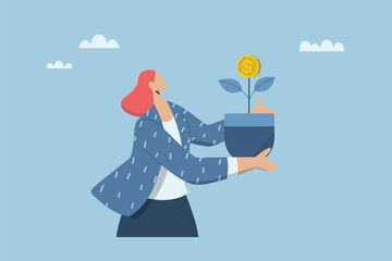 Growth of investment profit, Interest or return on savings, Personal finance management concept, Female investor with potted money plant growing and issuing coins. Vector design illustration. - obrazy, fototapety, plakaty