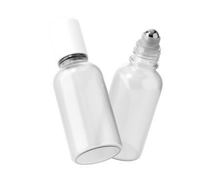 Blank Clear White Roll On Glass Bottle Packaging Isolated On Transparent Background, Prepared For Mockup, 3D Render.