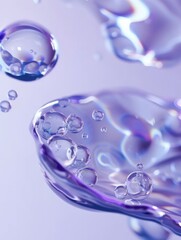 water droplet floats through the air in a blue background, in the style of light gray and violet