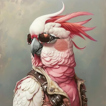 Portrait of the gallah, rose breasted cockatoo, wearing punk clothes and sunglasses. Edgy fashion animal portrait, bird with an attitude