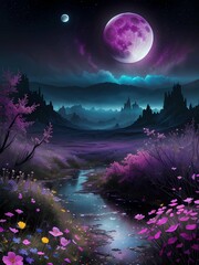 Night landscape with moon, Generative AI