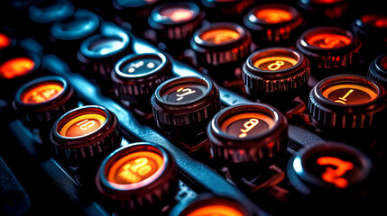 Vintage Typewriter Keys Glowing in Neon Light created with Generative AI technology
